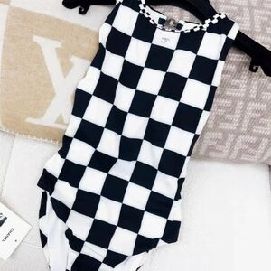 Authentic CHANEL Black and White Checkered One Piece Swimsuit